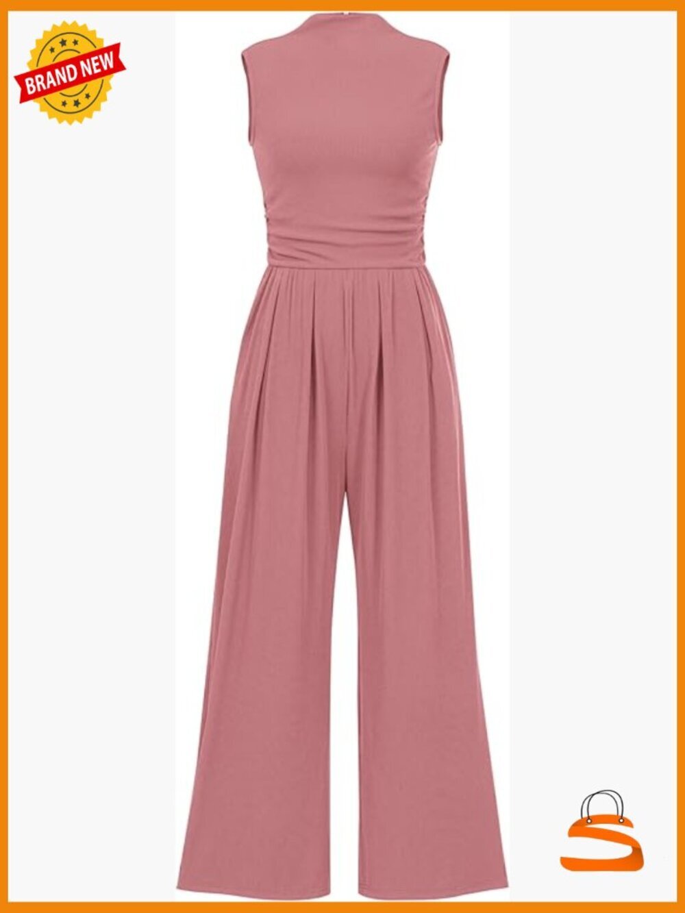 Sleeveless Mock Neck Wide Leg Jumpsuit with Pockets, Size Large